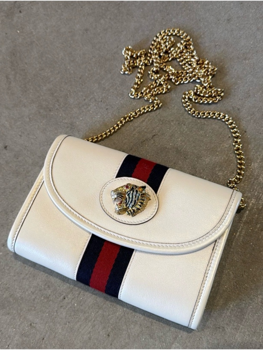 Gucci Cream Leather Crossbody with Red-Navy Stripe and Gold Chain
